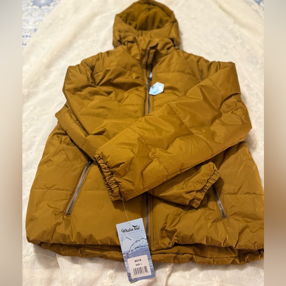 Whales Tail Youth Boy’s Hooded Puffer Jacket - Mustard Brown, sz large, NWT! - Picture 6 of 8